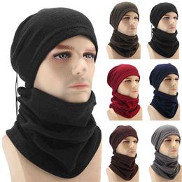 Men's Polar Fleece Scarf Set Beanie Balaclava Hat Warm Ski Face Mask Winter Hats For Women Sports Skullies Bonnets Caps 2021 Y21111