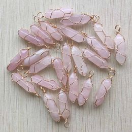 Healing Natural pink Rose quartz stone Crystal Handmade Charms Gold Iron Wire Pillar Shape Pendants for Jewelry Making