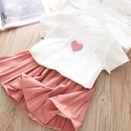 Summer Children Heart Shape Print Tops+Skirt 2Pcs Girls Suit Kids Clothes Clothing Sets Children's 210528