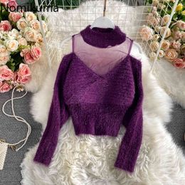 Nomikuma Sexy Strapless Long Sleeve Sweater Korean Perspective Mesh Patchwork Pull Femme Causal Short O-neck Pullver Tops 6D859 210427