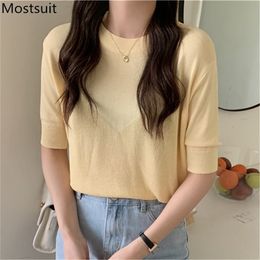 Fake Two Pieces Knitted Tshirt Tops Women Summer Short Sleeve O-neck Solid Tees Casual Fashion Korean Ladies T-shirt Femme 210513