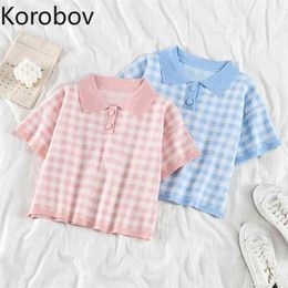 Korobov Japan Style Plaid T Shirts Women New Arrival Turn Down Collar Short Sleeve Tshirts Female Casual Vintage Knitted Tops 210430