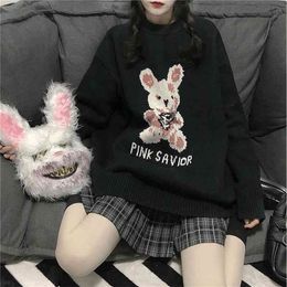 Autumn Winter Harajuku bunny Knitting Sleeve Sweater Casual Long Women Printed Loose Boyfriend Pullover Gothic punk 210922
