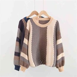 Women Sweater Winter Warm Knitted Loose Jumper Tops Fashion Colour Block Pullovers Lantern Sleeve Stripe Sweaters 210805