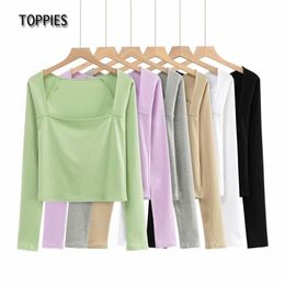 Sexy Square Collar Cropped Tops Women Long Sleeve T-shirts Solid Colour Knitted Harajuku Streetwear 210421