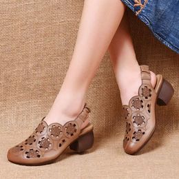 Leather Retro Toe Cap Hollow Sandals Women's Mid-heel Soft Sole Cover Foot Comfortable First Layer Cowhide Middle-aged And Elder