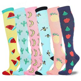 Leg Support Stretch Compression Stockings Outdoor Sport Compression Socks Fruits Pattern Below Knee Socks Long Socks Stockings Y1119