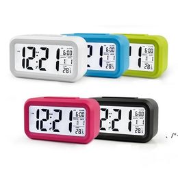 NEWPlastic Mute Alarm Clock LCD Smart Clock Temperature Cute Photosensitive Bedside Digital Alarm Clock Snooze Nightlight Calendar RRF11363