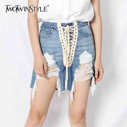 Hole Tassel Denim Shorts For Women High Waist Lace Up Bowknot Streetwear Female Summer Fashion 210521