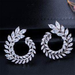 Fashion Elegant Hoop designer earring Leaf Circle AAA Cubic Zirconia Copper White CZ Earrings For Women Diamond Jewellery earrings Wedding Engagement Friend Gift