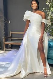 2021 Plus Size Arabic Aso Ebi Stylish Mermaid Sexy Wedding Dress One Shoulder High Split Satin Elegant Bridal Gowns Dresses ZJ220
