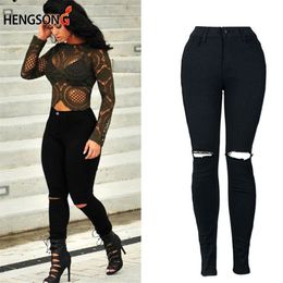 New White Hole Ripped Jeans Women Cool Denim High Waist Elastic Pants Capris Female Skinny black Casual Pencil Jeans HO833795 210322