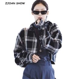 Extra Short Black Grey Cheque Plaid Shirt Korea Clothing Retro Woman Lapel Long sleeve Cropped Blouse Tops Y2K Blousas 210323