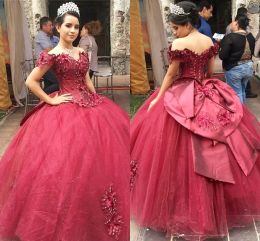 Dark Red Quinceanera Dresses Off the Shoulder Neckline Tulle Satin Bow Beaded Lace Applique Sweet 16 Birthday Princess Party Ball Gown vestidos