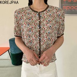 Korejpaa Women Shirt Summer Korean Chic Retro Round Neck Edging Single-Breasted Loose Versatile Floral Puff Sleeve Blouses 210526