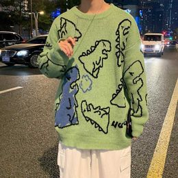 Spring and Autumn Dinosaur Cartoon Pattern Knitted Sweater Japanese Color Couple Loose Round Neck men clothes 210909