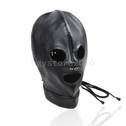 Bondage Lace Up PU Leather Full Head Hood Open Eyes Mouth Dungeon Play #76