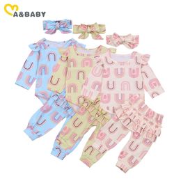 0-24M Autumn Spring born Infant Baby Girls Rainbow Clothes Set Long Sleeve Ruffles Romper Pants Outfits 210515