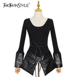 Black Patchwork PU Leather Sweater For Women O Neck Long Sleeve Lace Up Bowknot Casual Sweaters Female Fashion 210524