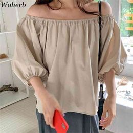 Women Blouses Slash Neck Off Shoulder Lantern Sleeve Shirts Summer Blusas Back Single Breasted Loose Simple Tops 210519