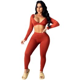 Cutubly Outfits Set For Women Solid Knitting Long Sleeve Two Piece Set Winter Sexy V-Neck Backless Fashion Casual Set Tracksuit Y0625