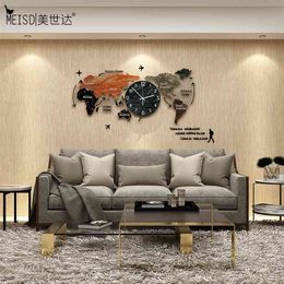 MEISD Larger World Map Wood Creative Clock Modern Design DIY Mirror Sticker Hanging watch Quartz Mute Living Room 210325