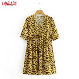 Tangada Summer Women Leopard Print A-line Dress Puff Short Sleeve Ladies Mini Dress Vestidos 2L31 210609
