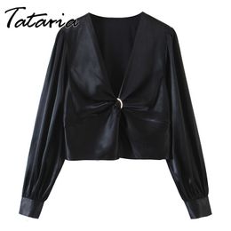 Spring Fashion Women's Satin Shirt Elegant Blouse Black V Neck Long Sleeves Crop Top Folds Design Female Loose Pullover Shirts 210514