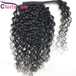 Water Wave Human Hair Ponytail Extensions Clip Ins #1B Raw Virgin Indian Wet And Wavy Wrap Around Ponytails Hairpiece For Black Women