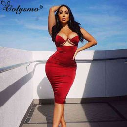 Colysmo Hollow Out Satin Midi Dress Women Underwired Push Up Padded Summer Dress Elegant Party Wear Bodycon Sexy Dress New X0521