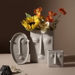 Nordic Style Modern Creative Ceramic Human Face Expression Flower Plants Pot Vase Planter Home Office Desktop Table Decor Gift 211130