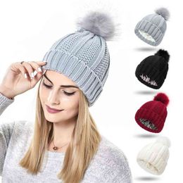 Fashion Stretchy Satin Lined Soft Winter Beanie Hat Knit Hats Faux Fur Pom Hat Beanie Hat for Women Y21111