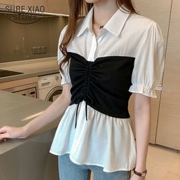 Summer Women's Blouse Solid Polo Collar Women Korean Clothes Wild Slim Contrast Stitching Shirts Ropa De Mujer 9604 210508