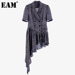[EAM] Women Blue Asymmetric Print Double Breasted Dress Notched Short Sleeve Loose Fashion Spring Summer 1DD6938 21512