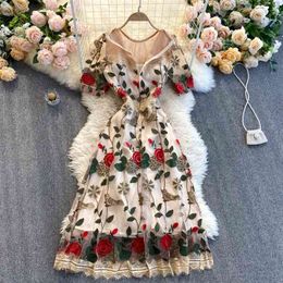 French Retro Spring Vestidos Female Round Neck Short-sleeved Waist Slimming Embroidered Flower Midi Dress C497 210507