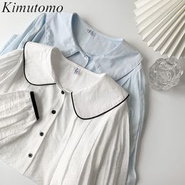 Kimutomo Long Sleeve Shirt Women Spring Korean Fashion Female Peter Pan Collar Single Breasted Solid Color Top Elegant 210521