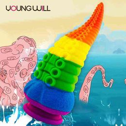 Nxy Dildos Dongs Rainbow Monsters Huge Anal Plug Artificial Penis Octopus Tentacle Adult Sex Toys Silicone Dildo for Female Masturbating 0114