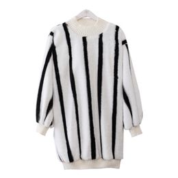 PERHAPS U Women Sweater Black White Strip Faux Fur Turtleneck Pullovers Long Sleeve Casual Winter Loose Long Sweater M0042 210529