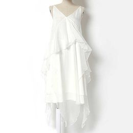 PERHAPS U V Neck Strap Sleeveless Backless Lace Up Chiffon Ruffle Solid White Black A Line Summer Dress Loose D0576 210529