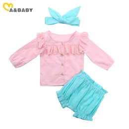 0-24M born Infant Baby Girl Clothes Set Ruffles Long Sleeve Tops Bloomers Shorts Outfits Autumn Clothing 210515