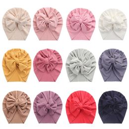 17.5*20.5 CM Baby Girls Solid Color Knitting Striped Hats Handmade Bowknot Toddler Cap Fashion Bows Headwear Birthday Gift