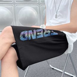 Reflective Letter Print Shorts for Men 2021 Summer Korean Fashion Trends Hip Hop Streetwear Teens Straight Leg Basketball Pants X0705