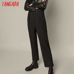 Tangada Fashion Women Buttons Decorate Wide Leg Pants Trousers Pockets Office Lady Pants Pantalon 4C44 210609