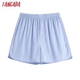 Tangada Women Pockets Striped Shorts Fashion Summer Vintage High Elastic Waist Split Hem Female Short Pants Mujer BE416 210719