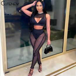 Cutenew Sexy Net Yarn See Through Two Piece Set Women Outfits SleevelBra Top+Skinny Pants Suit Solid Midnight Party Clubwear X0709
