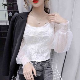 Early Autumn Fashion Sexy Mesh Stitching Waist Hugging Slimming Lantern Sleeve Square Collar Tops Chemisier Femme 11420 210521