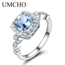 Umcho Real S925 Sterling Silver Rings For Women Blue Topaz Ring Gemstone Aquamarine Cushion Romantic Gift Engagement Jewellery Y1905243F