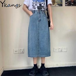 Vintage Long Denim Skirts Girls Women High Waist Button Pockets Split Jeans Straight Plus Size 5XL Maxi Skirts Teens Streetwear 210619