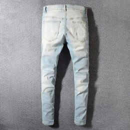 Light Blue Men's Patchwork Bandanna Paisley Printed Biker Jeans Vintage Style Holes Ripped Skinny Stretch Denim Pants
