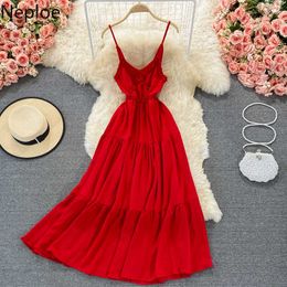 Neploe Women Summer Dress Korean Beach Party Sexy Spaghetti Strap Big Swing Dresses Sleeveless High Waist Backless Bow Vestidos Y0823